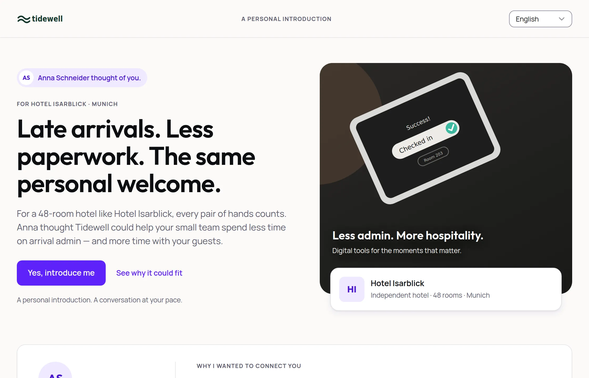 A deal page: a personal introduction from a partner to a prospect, with a button to ask for an introduction.
