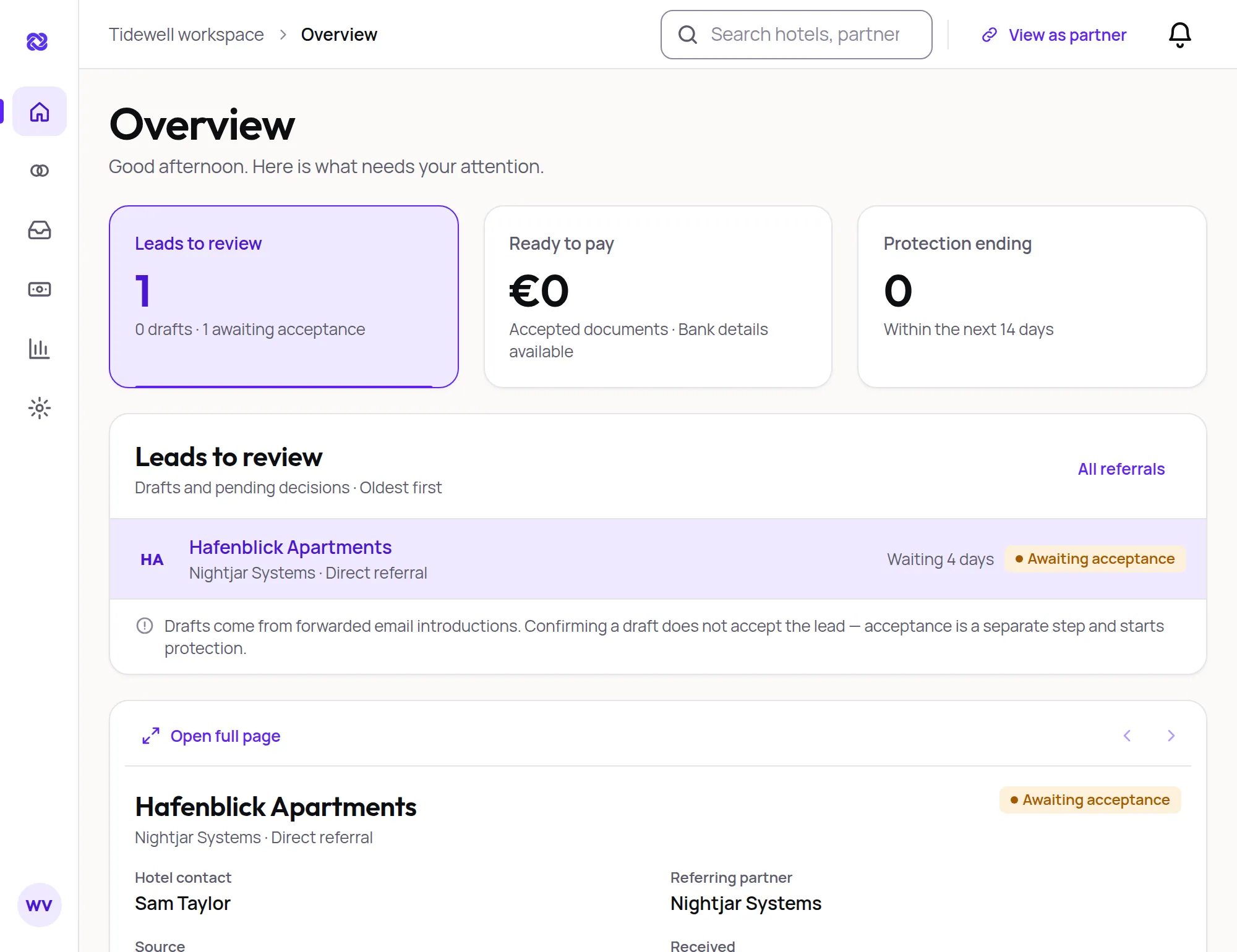 The PartnerLane overview with three cards, leads to review, ready to pay and protection ending, above the list of leads waiting for a decision.