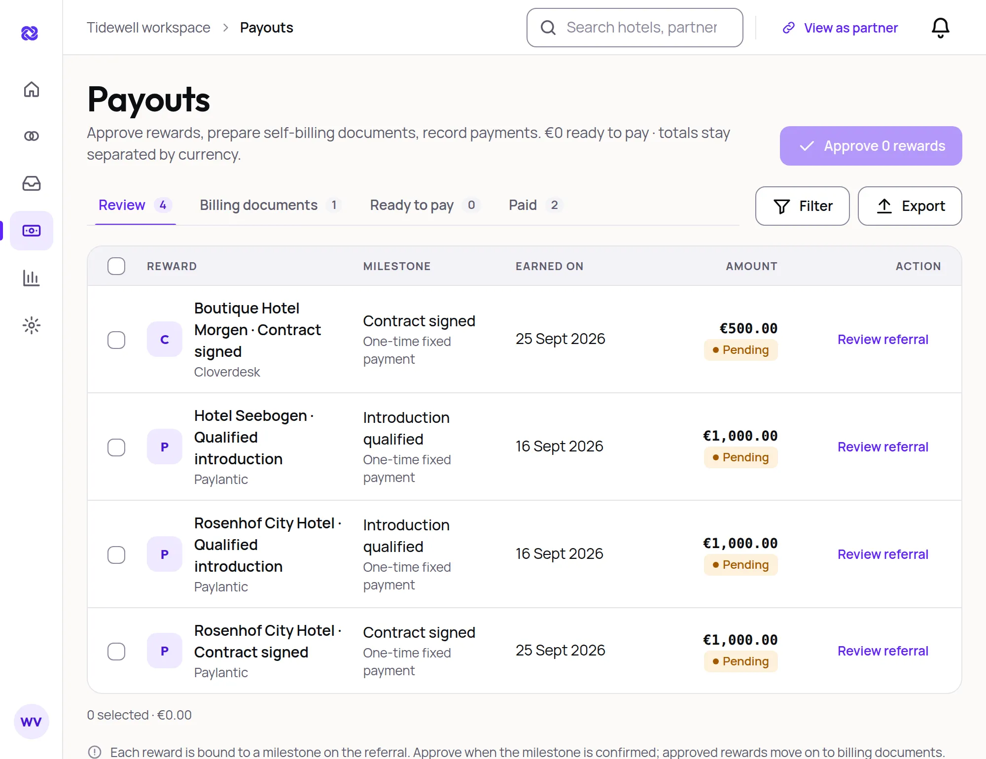 The payouts screen: rewards to review, each bound to a milestone such as a signed contract, with tabs for billing documents, ready to pay and paid.