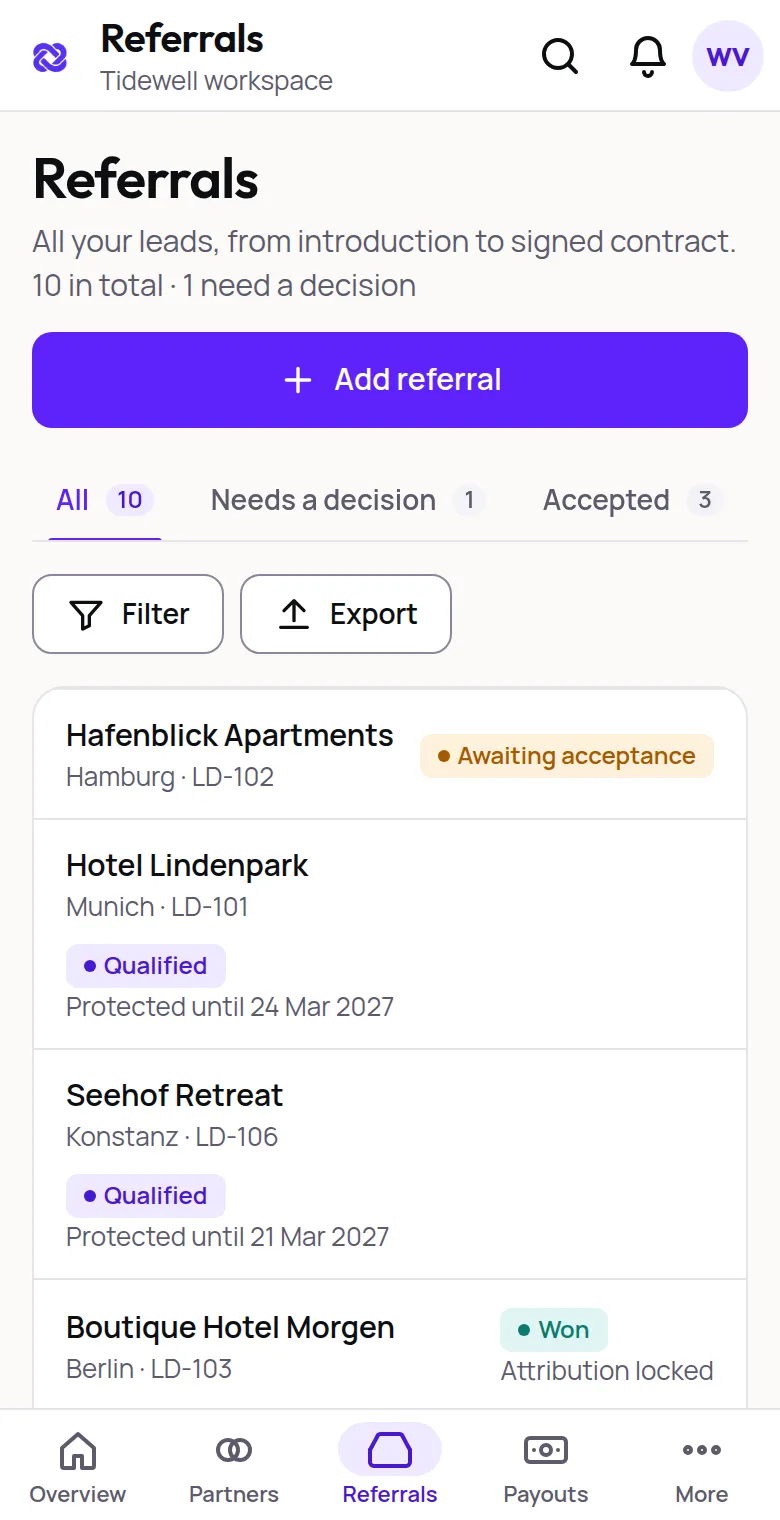 The same referral list on a phone.