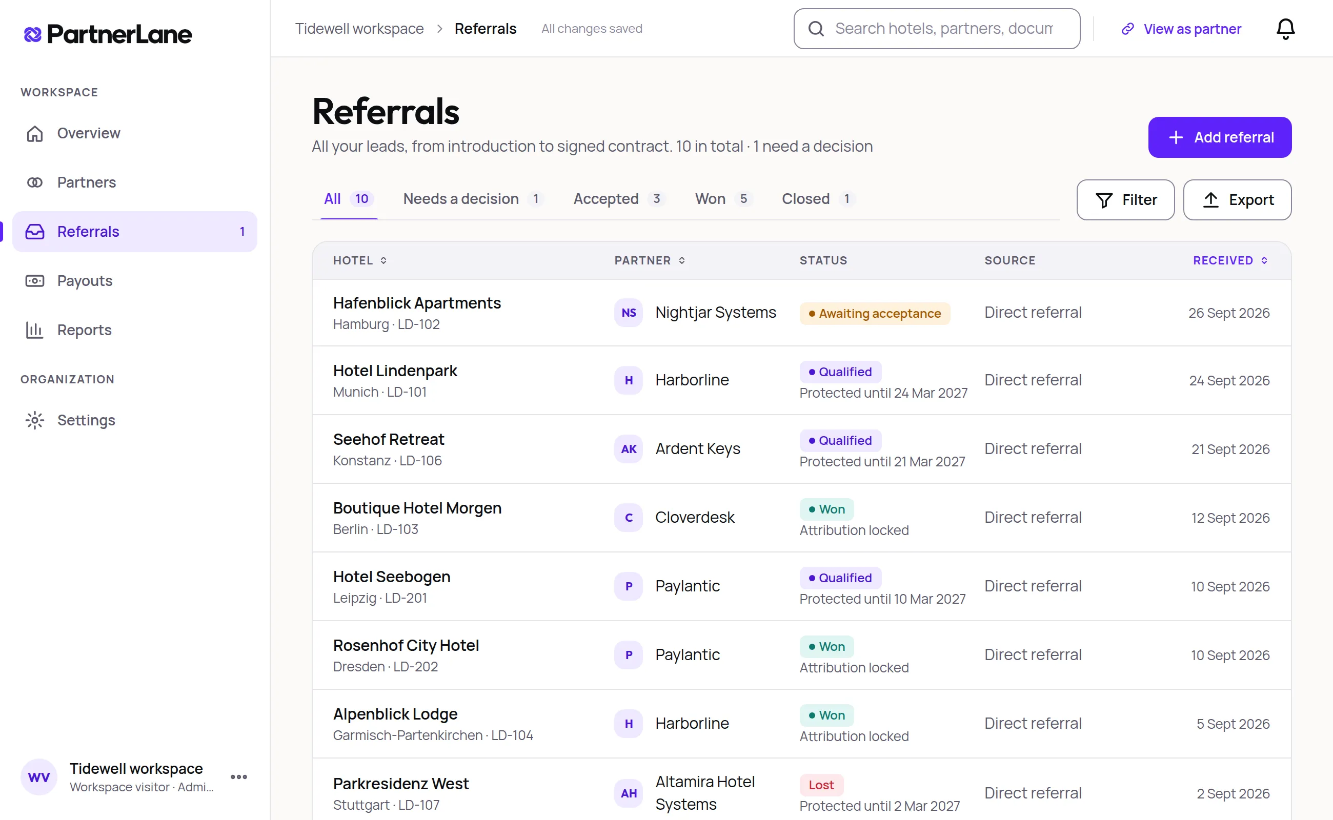 The PartnerLane referral list: each prospect with its referring partner, status, protection date and source.